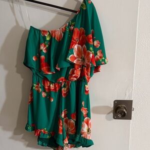 Peach Love California Green Floral Romper off one shoulder